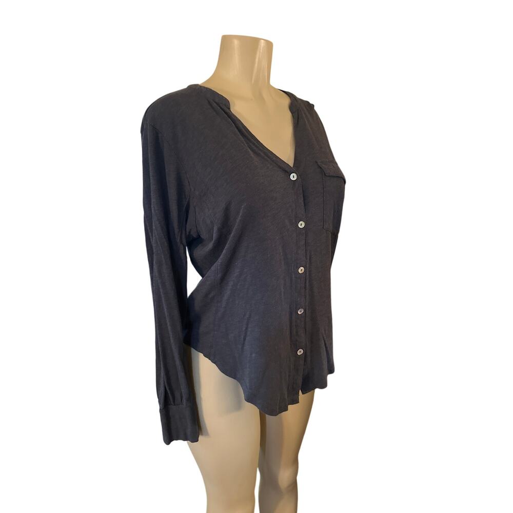 Women L Three Dots Button-Up Long Sleeve Gray Tee Shirt Top Blouse Cotton Modal